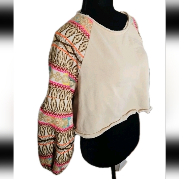 Free People Cream Cropped Embroidered Balloon Sleeve Boho Statement Sweater XS - Picture 4 of 15